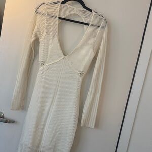 Guess Cream Open-Knit Long Sleeve V-Neck Dress